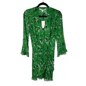 NEW Veronica Beard Silk Floral Print Dress Size 00 Ruched Sean Green Vneck Women